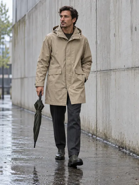 Sand Utility Raincoat Urban Fashion Editorial Prompt