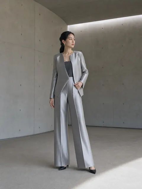 Minimal Silver Gray Evening Trouser Suit Fashion Prompt