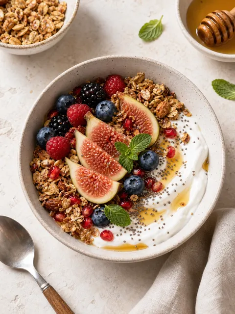 Berry yogurt breakfast bowl food prompt
