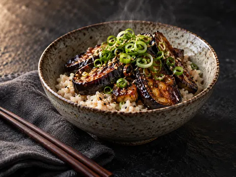 Miso Glazed Eggplant Sesame Rice Food Photo Prompt
