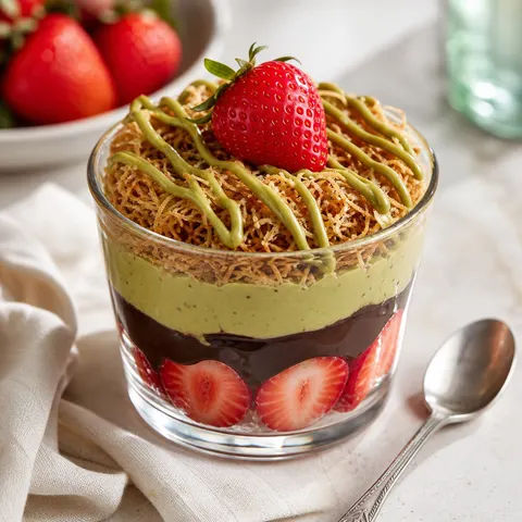 Pistachio Chocolate Strawberry Crunch Cup Food Photo Prompt