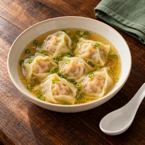 Clear Broth Wontons in Porcelain Bowl Food Photo Prompt