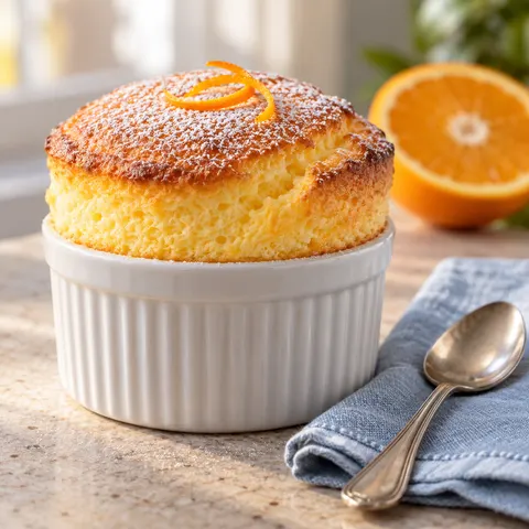 Orange Souffle in Ceramic Ramekin Food Photo Prompt