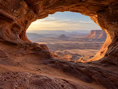 Red Sandstone Wind Carved Window Nature Photo Prompt