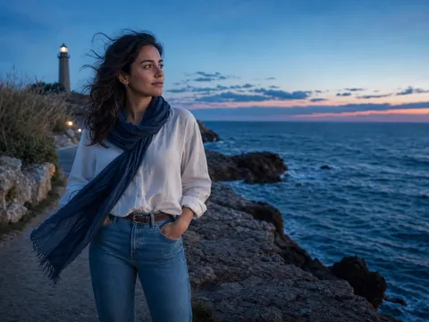 Blue hour seaside travel portrait prompt