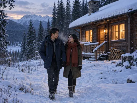 Snowy Cabin Couple Travel Photo Shoot Prompt