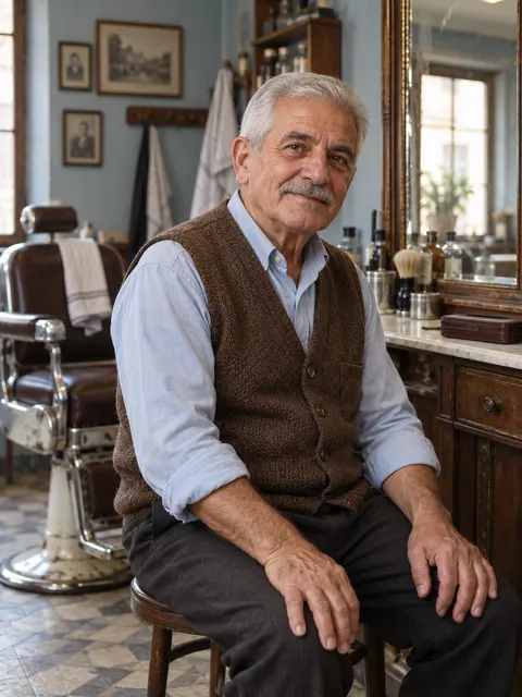 Senior Barber Mirror Side Environmental Portrait Prompt