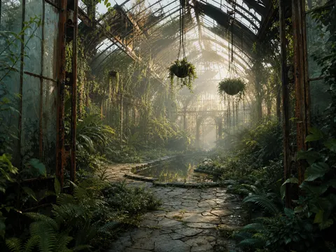 Abandoned Greenhouse Morning Light Scene Prompt