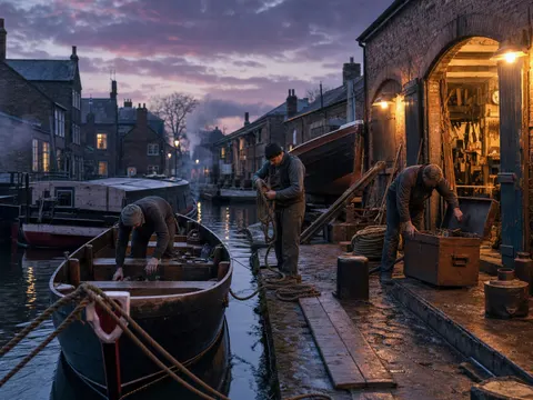 Dusk Canal Boat Repair Lane Cinematic Scene Prompt