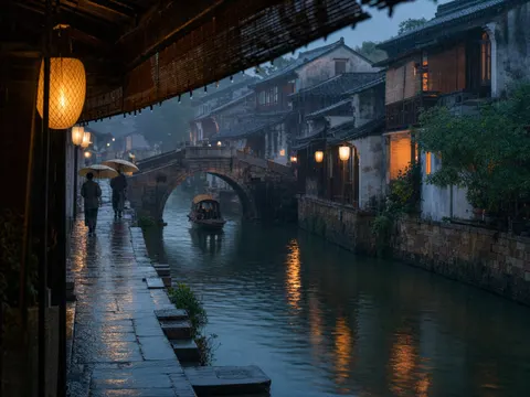 Rainy Chinese Water Town Cinematic Scene Prompt