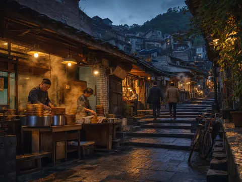 Pre Dawn Hillside Breakfast Street Cinematic Scene Prompt