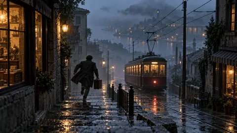 Last Tram in a Foggy Hillside Town Scene Prompt