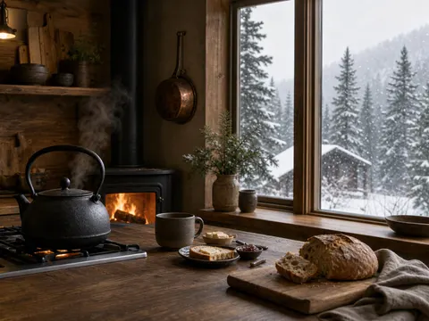 Snowy mountain cabin kitchen scene prompt