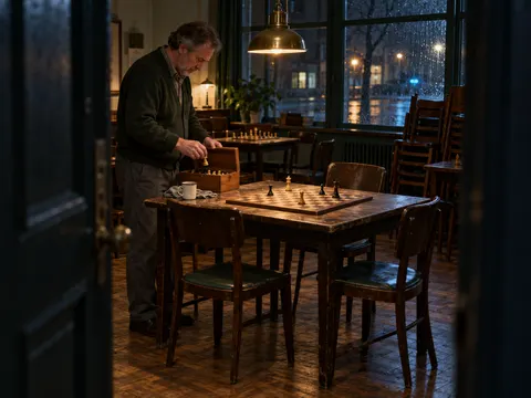 Late Night Chess Club Closing Cinematic Scene Prompt