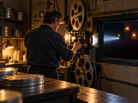 Old Cinema Projection Room Light Beam Scene Prompt