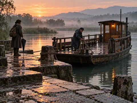 After Rain River Ferry Landing Dawn Scene Prompt