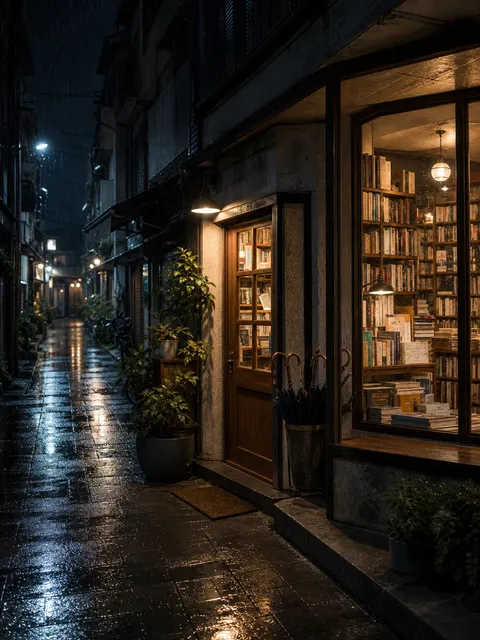 Rainy bookstore alley scene prompt