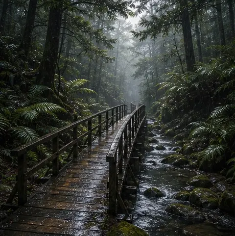 Rainy Forest Bridge Scene Prompt
