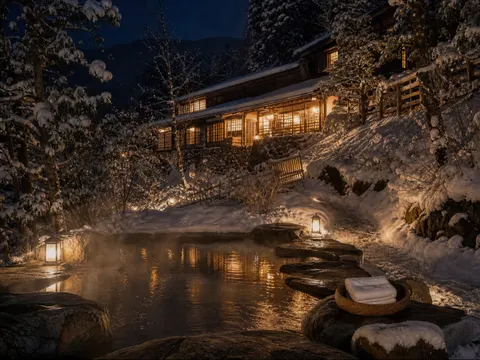 Snowy Mountain Hot Spring Inn Cinematic Scene Prompt