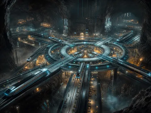 Subterranean Quantum Rail Hub Science Fiction Prompt
