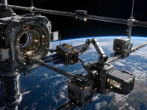 Orbital satellite maintenance dock sci-fi prompt