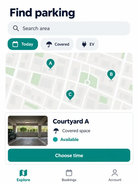 Shared Parking Space Booking Mobile UI Screenshot Prompt