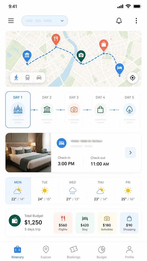 Travel itinerary mobile app UI prompt